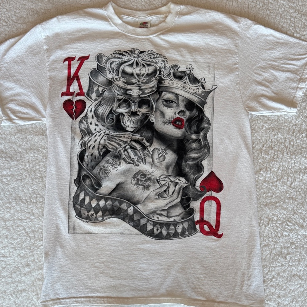 Fruit of the Loom King Queen Skull Graphic‎ T-Shirt Tattoo Style White Medium